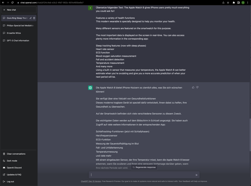 Screenshot von Chat GPT beim Übersetzen Englisch-Deutsch